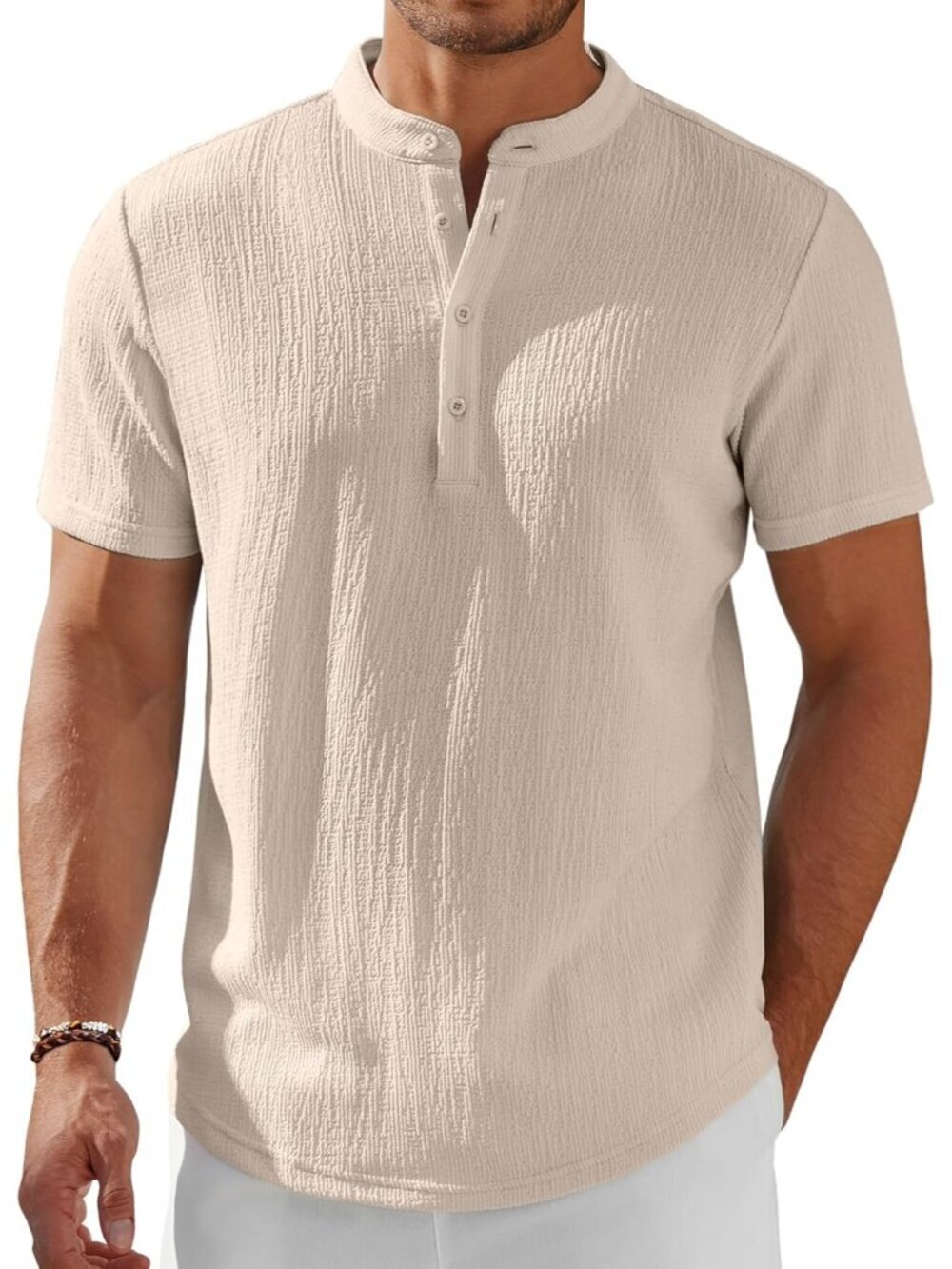 Men's Light Khaki Henley Short Sleeve Stand Collar Summer Casual Hippie Shirts